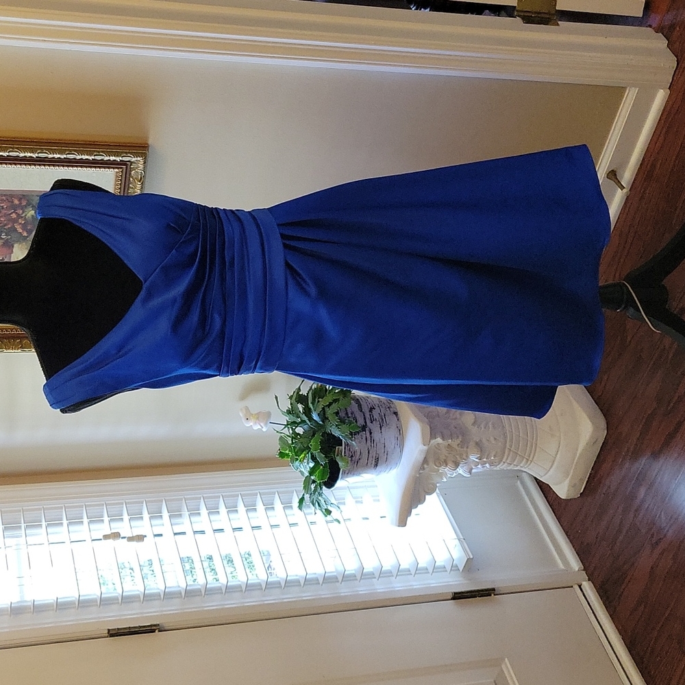 DAVID'S BRIDAL royal blue fit & flare dress fabric empire waist vneck sz 6…EUC…